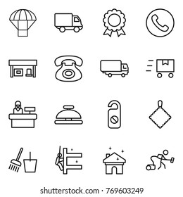 Thin line icon set : parachute, delivery, medal, phone, gas station, shipping, fast deliver, reception, service bell, do not distrub, rag, bucket and broom, skyscrapers cleaning, house