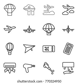 Thin line icon set : parachute, factory filter, weather management, journey, plane, delivery, air ballon, deltaplane, ticket, inflatable mattress, conditioning, hair dryer, blower, hand