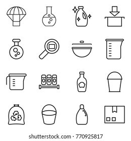 Thin line icon set : parachute, round flask, cleanser, package, chemical, cargo search, cauldron, measuring cup, spices, ketchup, bucket, garbage bag