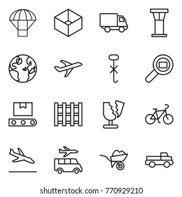 Thin line icon set : parachute, box, delivery, airport tower, globe, plane, do not hook sign, cargo search, transporter tape, pallet, broken, bike, arrival, transfer, wheelbarrow, pickup