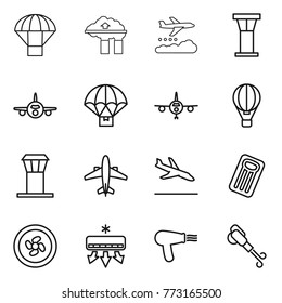 Thin line icon set : parachute, factory filter, weather management, airport tower, plane, delivery, air ballon, airplane, arrival, inflatable mattress, cooler fan, conditioning, hair dryer, blower
