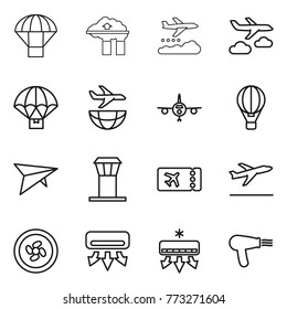 Thin line icon set : parachute, factory filter, weather management, journey, delivery, plane shipping, air ballon, deltaplane, airport tower, ticket, departure, cooler fan, conditioning, hair dryer