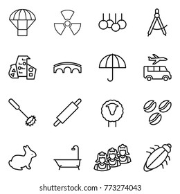 Thin line icon set : parachute, nuclear, sale, draw compass, modern architecture, bridge, dry cargo, transfer, whisk, rolling pin, sheep, coffee seeds, rabbit, bath, outsource, bug