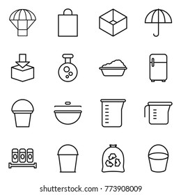 Thin line icon set : parachute, shopping bag, box, dry cargo, package, chemical, washing, fridge, bucket, cauldron, measuring cup, spices, garbage