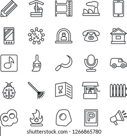 Thin Line Icon Set - parking vector, reception, mobile phone, factory, pencil, fence, rake, lady bug, fire, house, well, sickle, virus, film frame, microphone, themes, music, wine card, omelette