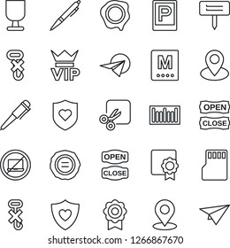 Thin Line Icon Set - parking vector, no laptop, vip, pen, stamp, plant label, heart shield, pin, fragile, hook, barcode, sd, cut, place tag, sertificate, menu, open close, paper plane