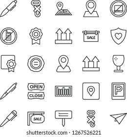 Thin Line Icon Set - parking vector, no mobile, laptop, pen, stamp, plant label, heart shield, navigation, pin, fragile, up side sign, hook, barcode, place tag, sertificate, sale, open close