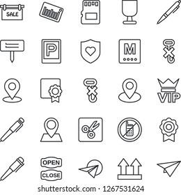 Thin Line Icon Set - parking vector, no mobile, vip, pen, plant label, heart shield, pin, fragile, up side sign, hook, barcode, sd, cut, place tag, sertificate, sale, menu, open close, paper plane
