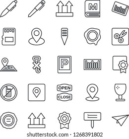 Thin Line Icon Set - parking vector, no mobile, pen, stamp, plant label, navigation, pin, fragile, up side sign, hook, barcode, sd, cut, place tag, sertificate, menu, open close, paper plane