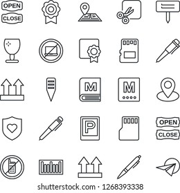 Thin Line Icon Set - parking vector, no mobile, laptop, pen, plant label, heart shield, navigation, pin, fragile, up side sign, barcode, sd, cut, sertificate, menu, open close, paper plane