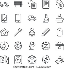 Thin Line Icon Set - Parking Vector, No Laptop, Reception, Circle Chart, Farm Fork, Tree, House, Bench, Traffic Light, Reel, Flame Disk, Cell Phone, Speaker, Favorites List, Themes, Battery, Pencil