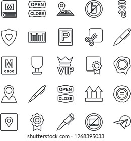Thin Line Icon Set - parking vector, no mobile, laptop, vip, pen, stamp, heart shield, navigation, pin, fragile, up side sign, hook, barcode, cut, place tag, sertificate, menu, open close