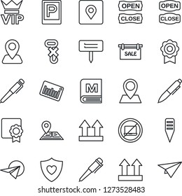 Thin Line Icon Set - parking vector, no laptop, vip, pen, plant label, heart shield, navigation, pin, up side sign, hook, barcode, place tag, sertificate, sale, menu, open close, paper plane