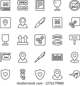 Thin Line Icon Set - parking vector, no laptop, pen, plant label, heart shield, navigation, pin, fragile, up side sign, hook, barcode, cut, place tag, sale, menu, open close, paper plane