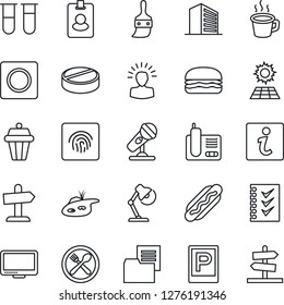 Thin Line Icon Set - parking vector, office building, blood test vial, pills, folder document, microphone, monitor, radio phone, themes, record, fingerprint id, coffee, checklist, desk lamp, pond