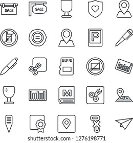 Thin Line Icon Set - parking vector, no mobile, laptop, pen, stamp, plant label, heart shield, navigation, pin, fragile, hook, barcode, sd, cut, place tag, sertificate, sale, menu, paper plane