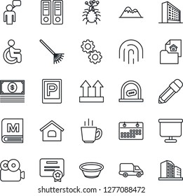 Thin Line Icon Set - parking vector, ticket office, speaking man, building, binder, rake, disabled, virus, car delivery, up side sign, fingerprint id, video, calendar, presentation board, pencil