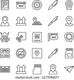 Thin Line Icon Set - parking vector, no laptop, vip, pen, stamp, navigation, pin, up side sign, barcode, sd, cut, place tag, sertificate, sale, menu, open close, paper plane