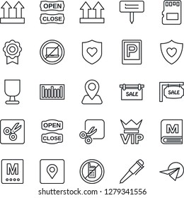 Thin Line Icon Set - parking vector, no mobile, laptop, vip, pen, plant label, heart shield, navigation, fragile, up side sign, barcode, sd, cut, place tag, sertificate, sale, menu, open close