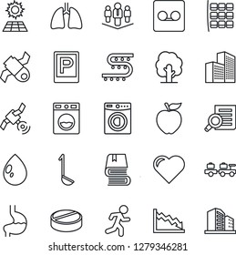 Thin Line Icon Set - parking vector, baggage larry, seat map, document search, tree, water drop, drip irrigation, heart, pills, run, stomach, lungs, satellite, record, office building, book, company