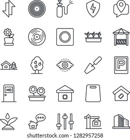 Thin Line Icon Set - parking vector, medical room, trowel, seedling, garden sprayer, mobile tracking, vinyl, protect, tuning, record, data exchange, eye id, house with tree, fruit, smart home, crane