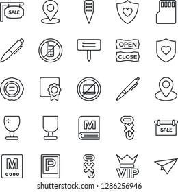 Thin Line Icon Set - parking vector, no mobile, laptop, vip, pen, stamp, plant label, heart shield, pin, fragile, hook, sd, place tag, sertificate, sale, menu, open close, paper plane