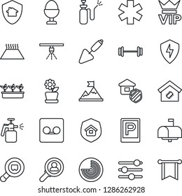 Thin Line Icon Set - parking vector, vip, radar, trowel, seedling, garden sprayer, ambulance star, barbell, search cargo, protect, tuning, record, smart home, flower in pot, estate insurance, pennon