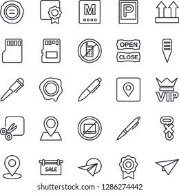 Thin Line Icon Set - parking vector, no mobile, laptop, vip, pen, stamp, plant label, pin, up side sign, hook, sd, cut, place tag, sertificate, sale, menu, open close, paper plane