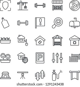 Thin Line Icon Set - parking vector, seedling, garden sprayer, barbell, important flag, cargo container, search, vinyl, tuning, data exchange, face id, smart home, flower in pot, crane, mailbox