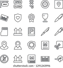 Thin Line Icon Set - parking vector, no mobile, pen, stamp, heart shield, pin, fragile, up side sign, hook, barcode, sd, cut, place tag, sertificate, sale, menu, open close, paper plane