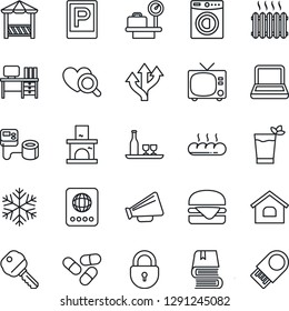 Thin Line Icon Set - parking vector, tv, passport, lock, luggage scales, desk, fireplace, blood pressure, heart diagnostic, pills, route, loudspeaker, notebook pc, book, house, key, washer, heater