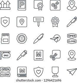 Thin Line Icon Set - parking vector, pen, stamp, plant label, heart shield, pin, fragile, up side sign, sd, cut, place tag, sertificate, sale, menu, open close, paper plane