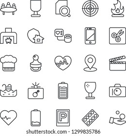 Thin Line Icon Set - Parking Vector, Bomb In Case, Camera, Meeting, Fire, Heart Pulse, Blood Pressure, Pills Blister, Fragile, Clapboard, Cell Phone, Battery, Low, Cut, Place Tag, Document Search