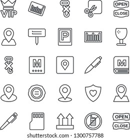 Thin Line Icon Set - parking vector, no mobile, vip, pen, stamp, plant label, heart shield, navigation, pin, fragile, up side sign, hook, barcode, sd, cut, place tag, menu, open close