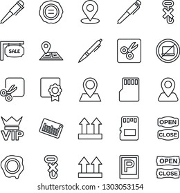 Thin Line Icon Set - parking vector, no laptop, vip, pen, stamp, navigation, pin, up side sign, hook, barcode, sd, cut, place tag, sertificate, sale, open close