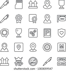 Thin Line Icon Set - parking vector, no laptop, vip, pen, stamp, heart shield, navigation, pin, fragile, up side sign, sd, cut, place tag, sertificate, sale, menu, open close