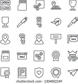 Thin Line Icon Set - parking vector, vip, pen, stamp, plant label, heart shield, navigation, pin, fragile, no hook, sd, cut, sertificate, sale, open close, paper plane
