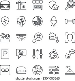 Thin Line Icon Set - parking vector, disabled, radar, tree, barbell, search cargo, vinyl, protect, tuning, record, face id, flower in pot, crane, egg stand, alcove, hamburger, home control, message