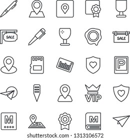 Thin Line Icon Set - parking vector, vip, pen, stamp, plant label, heart shield, navigation, pin, fragile, barcode, sd, place tag, sertificate, sale, menu, paper plane