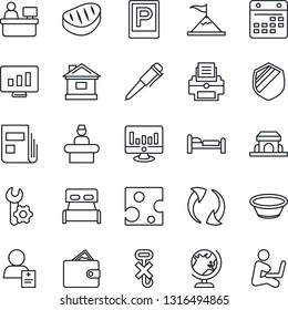 Thin Line Icon Set - parking vector, reception, globe, bed, pen, manager place, statistic monitor, house, patient, no hook, shield, update, calendar, root setup, news, printer, bedroom, steak, bowl