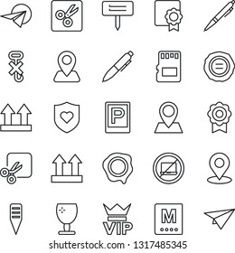 Thin Line Icon Set - parking vector, no laptop, vip, pen, stamp, plant label, heart shield, navigation, pin, fragile, up side sign, hook, sd, cut, place tag, sertificate, menu, paper plane