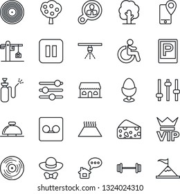 Thin Line Icon Set - parking vector, vip, reception bell, disabled, tree, garden sprayer, barbell, mobile tracking, vinyl, pause button, tuning, record, fruit, crane, egg stand, cafe building