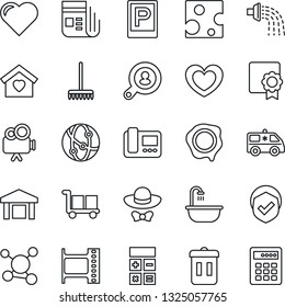 Thin Line Icon Set - parking vector, calculator, stamp, rake, watering, heart, ambulance car, molecule, cargo, warehouse, shield, film frame, news, video camera, network, sertificate, client search