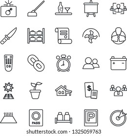 Thin Line Icon Set - parking vector, alarm clock, bomb in case, passport, luggage storage, team, presentation board, contract, ripper, seedling, hoe, client, remote control, chain, group, hr, knife