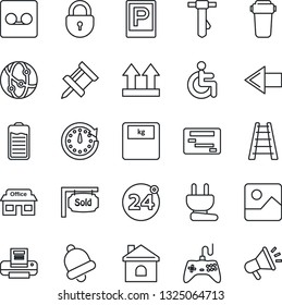 Thin Line Icon Set - parking vector, 24 around, left arrow, lock, tie, ladder, house, scales, disabled, store, up side sign, gamepad, network, battery, gallery, bell, record, drawing pin, printer
