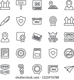 Thin Line Icon Set - parking vector, no laptop, vip, pen, stamp, plant label, heart shield, navigation, pin, up side sign, hook, barcode, sd, sertificate, sale, menu, open close, paper plane