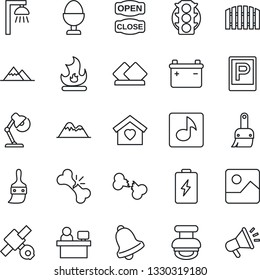 Thin Line Icon Set - parking vector, manager place, fire, broken bone, satellite, traffic light, gallery, themes, bell, music, desk lamp, stamp, mountains, fence, sweet home, egg stand, open close