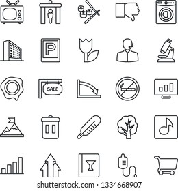 Thin Line Icon Set - parking vector, security gate, no smoking, office building, statistic monitor, stamp, tree, dropper, thermometer, microscope, tulip, finger down, music, bar graph, support, sale