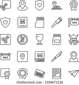 Thin Line Icon Set - parking vector, no mobile, vip, pen, stamp, heart shield, navigation, pin, fragile, barcode, sd, cut, place tag, sertificate, sale, menu, paper plane