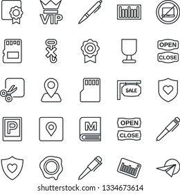 Thin Line Icon Set - parking vector, no laptop, vip, pen, stamp, heart shield, navigation, fragile, hook, barcode, sd, cut, place tag, sertificate, sale, menu, open close, paper plane
